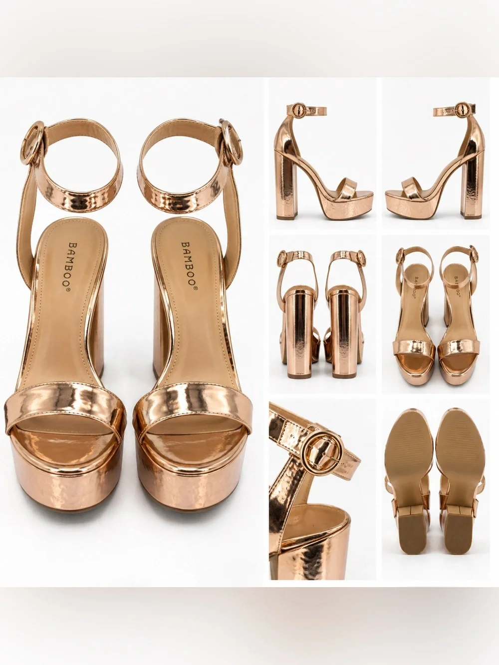 BAMBOO Metallic Rose Gold Platform Ankle Strap Heels